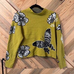 Floral and Butterfly Knit Mock Neck Sweater